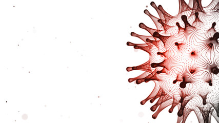 3D render red, black and white closeup of covid-19 coronavirus particle. Room to put your text. Great for presentations. 