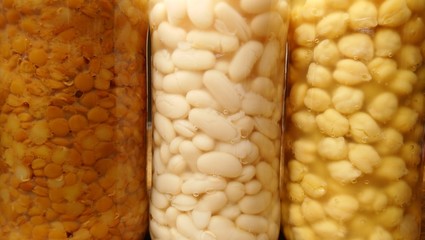 Close-up of jars of legumes