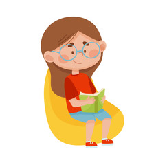 Cute Girl Sitting on Armchair with Open Book and Reading Vector Illustration