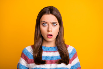 Close up photo of attractive pretty lady open mouth listen awful terrible bad news unfair situation wear casual striped sweater isolated bright yellow color background