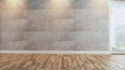 living room with concrete wall and wooden floor 3D rendering