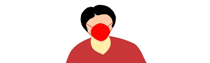 An illustration of a  person wearing a face mask standing with a gesture of raising hands