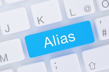 Alias. Computer Tastatur von oben zeigt Taste mit Wort hervorgehoben. Software, Internet, Programm