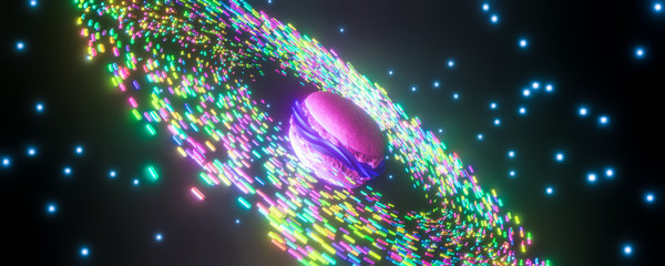 Panoramic view of 3D macarons as a planet in space with colorful sprinkles as saturn rings © Maciej