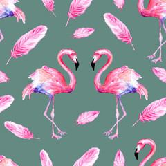 Watercolor seamless pattern of pink flamingo