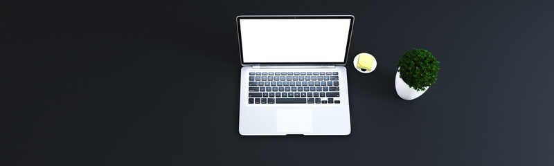 laptop on desk with plant and black surface top view 3D rendering