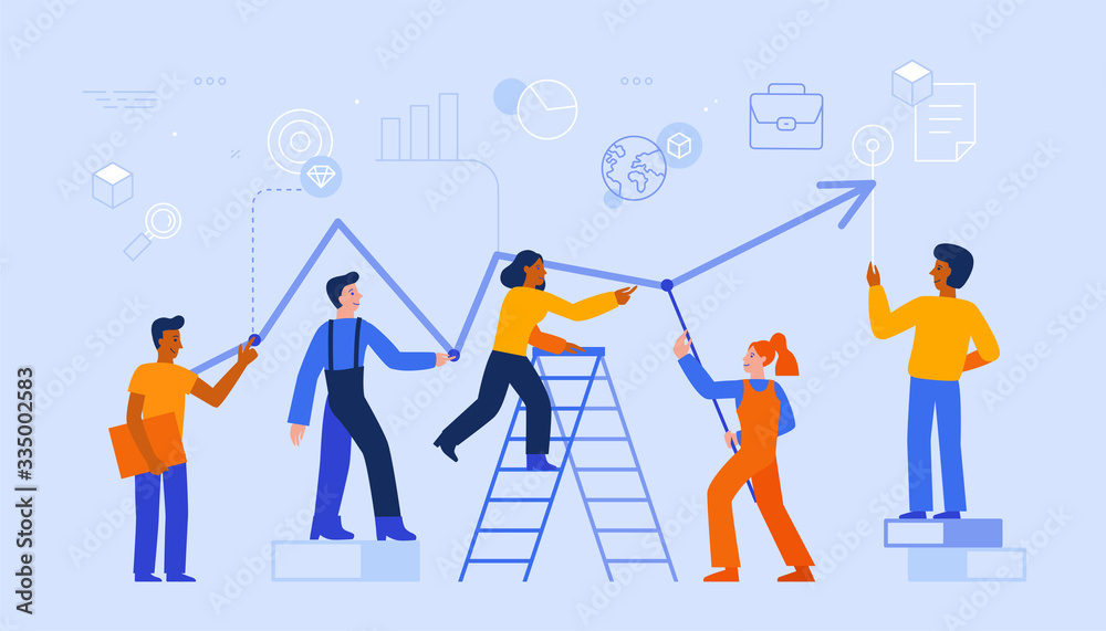 Poster Vector illustration in trendy flat and linear style - teamwork and business growth concept - people constructing graphics 