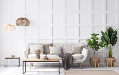 Interior design mock of luxury living room with elegant beige sofa, wood coffee table, and wooden rattan stylish accessories. wall paneling. Modern home decor. Template