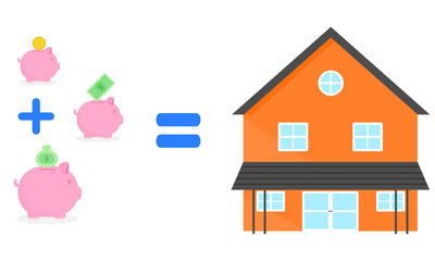 Fototapeta premium Saving , pink piggy bank with money coil , banknote and money bag into House in future.