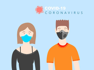 young man in a respirator and a young woman in a medical mask - coronavirus covid-19 concept