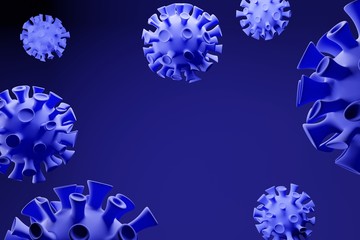 Coronavirus disease. 3D render COVID-19 infection medical background.Influenza as blue dangerous flu strain cases as pandemic medical health risk concept. China pathogen respiratory covid virus cells