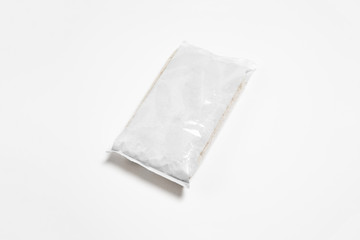 Top view of Rice packed in plastic bag isolated on white background. Rice in a transparent plastic bag.Mock-up.High-resolution photo.