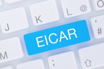 EICAR. Computer Tastatur von oben zeigt Taste mit Wort hervorgehoben. Software, Internet, Programm