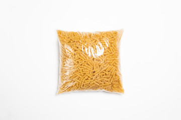 Transparent plastic Pasta bag package isolated on white background. Packaging template Mock-up.Top view.High resolution photo.