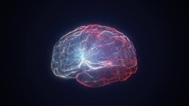 Colorful Brain emerges from explosion. Luminous Hologram of a human brain. Neural connections glow. Reveal of intelligence