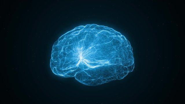 Blue luminous human brain. Neural connections glow. Detailed paths of neurons. Brain connection particles. The work of the nervous system. Mental health