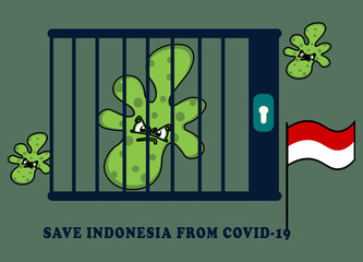 vector illustration of stop covid-19 virus in Indonesia. Ilustration vector a corona virus in prison. 