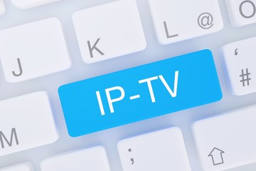 IP-TV. Computer Tastatur von oben zeigt Taste mit Wort hervorgehoben. Software, Internet, Programm