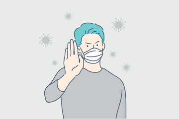 Health, coronavirus, ncov, covid, protection set concept. Protection from ncov19, covid2019. Man boy with white medical face mask stops coronavirus. Contagious desease. Quarantine. Health safety.