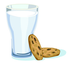 chocolate chip biscuit cookie with glass of milk symbol sugar sweets isolated on white background