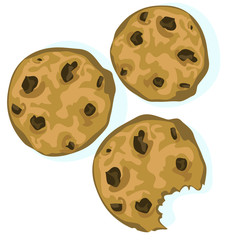 three chocolate chip bite biscuit cookies symbol sugar sweets isolated on white background
