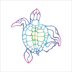 Color neon illustration of a wise tortoise. Swimming turtle in motion with ornament.