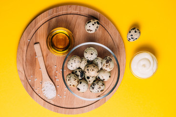 Quail eggs in a plate with mayonnaise, olive oil, sea salt on a yellow background with a place for text