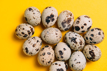 Quail eggs close-up on a yellow background top view