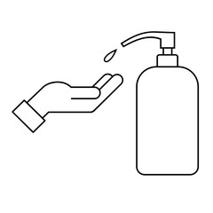 Hand sanitizer line icon. Hand and liquid soap. Washing hands. Alcohol sanitizer bottle and human palm. Antivirus and antibacterial protection. Corona virus prevention. Vector illustration, clip art.