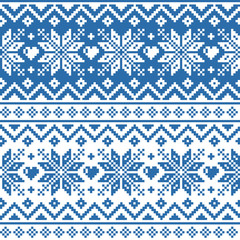 Winter, Christmas Fair Isle style traditional knitwear vector seamless geometric pattern with snowflakes, hearts 