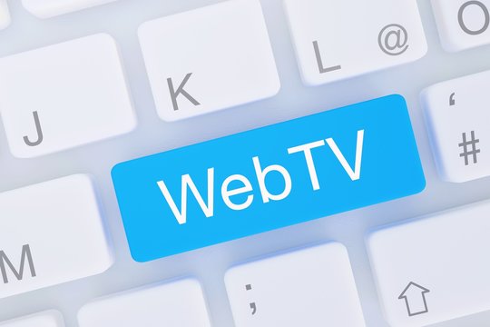 WebTV. Computer Tastatur von oben zeigt Taste mit Wort hervorgehoben. Software, Internet, Programm