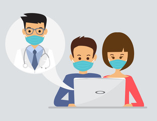 Coronavirus quarantine isolation, online medical consultation with doctor, vector illustration