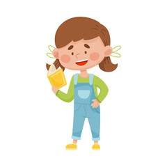 Smiling Girl Standing with Open Book and Reading Vector Illustration