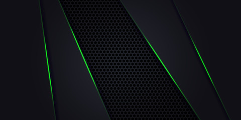 Dark abstract background with Hexagon carbon fiber. Technology background with green luminous lines. Futuristic luxury modern backdrop.