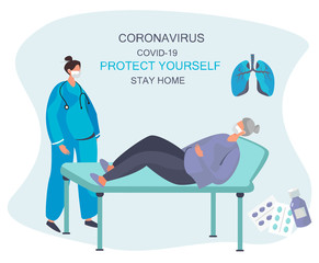 Sick Pensioner on Quarantine.Stay Home Stay Safe.Keeping Distance for Decrease Infection Risk For Prevent Virus Covid-19. Stay Home on Quarantine During the Coronavirus Epidemic.Vector Illustration