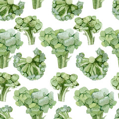Watercolor seamless pattern vegeterian healthy food. Hand painted vegetable broccoli. Eco food for the textile fabric and wrapping paper.
