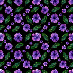 Seamless pattern of watercolor purple flowers and green plants in Mexico. Black background