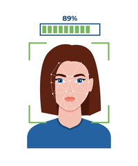 Facial recognition technology. Woman's face scanned on screen.