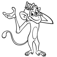 Cute cartoon monkey chimpanzee. Vector illustration of a monkey outlines. Design for coloring book