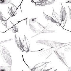 Black ink bird and branches with leaves seamless pattern on white background. Hand-drawn endless print for your design.