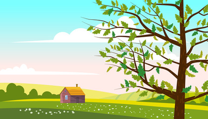 Lovely Countryside landscape farm house hut spring tree green hills fields, nature, bright color blue sky