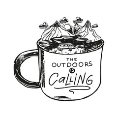 Doodle cute landscape mug and an inspirational quote - the outdoors is calling.