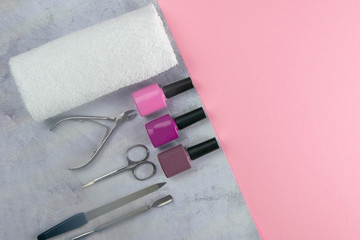 A set of cosmetic tools for manicure and pedicure. Gel polishes, manicure scissors, cuticles, saws,...