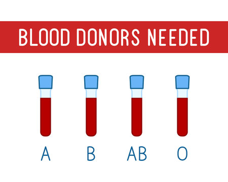 blood donors needed concept with different blood types in containers, editable vector illustration for medical poster, banner