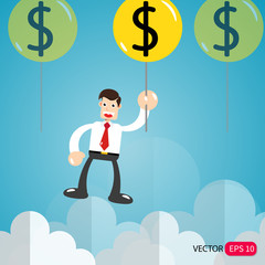 Obraz premium vector graphic flat design young businessman flying with a dollar balloon