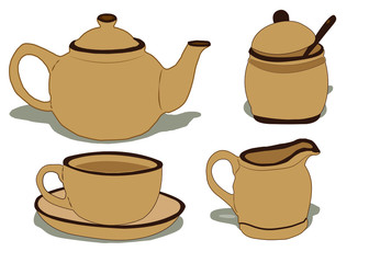 Tea party. Decorative tea set. Isolated teapot, tea cup, jug of milk and sugar bowl. Vector illustration.