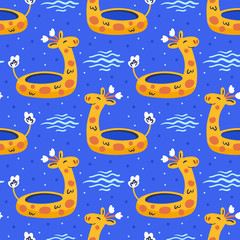 Little yellow rubber ring giraffe. Hot weather, holidays, relaxation. Summer seaside beach pool party. Hand drawn flat vector seamless pattern. Isolated on blue background.