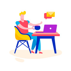 Fototapeta premium Just stay at home. Home office, man working. Freelance, distant job. Coronavirus pandemic self isolation, health care protection. Flat colourful vector illustration icon isolated on white background.