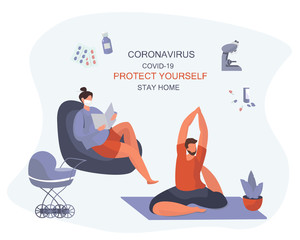 Stay Home During Epidemic.Working from home.People Keeping Distance for Decrease Infection Risk For Prevent Virus Covid-19. Stay Home on Quarantine During the Coronavirus Epidemic.Vector Illustrat