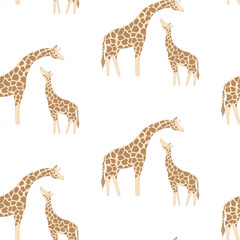 Seamless pattern with cute giraffe on white background.